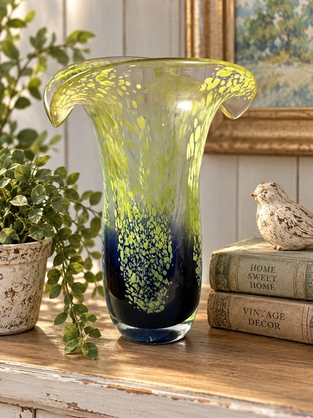 Handblown Glass Flared Vase in Lime Green and Deep Blue